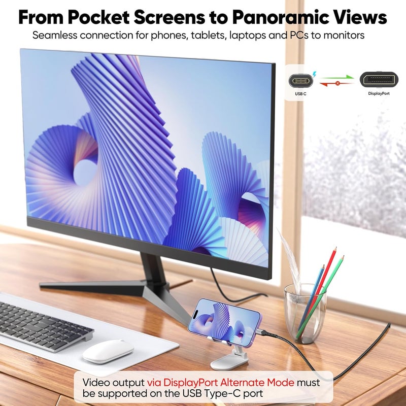 VoroDcip كابل USB C إلى DisplayPort 1.4 بطول 6.6 قدم، 8K@60Hz 4K@120Hz 2K@180Hz 1080P@360Hz USBC إلى DP كابل اتجاه واحد لجهاز iPhone 17/16/15 Galaxy S25/S24/S23 iPad Pro/Air MacBook Pro/Air إلى الشاشة - Image 3